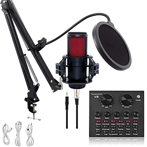 Image of CEZO V500 Condenser Microphone All Set with V8 Sound Card, Boom Arm Stand, Pop Shield Recording Studio Equipment Full Set with 3.5mm Mic for Smartphones Live Streaming Youtubers (Black)