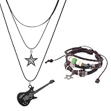 CALFOVERA Conjunto de Joyería Y2K de 2 Pieza: Collar de Guitarra con Estrella de Piel de Vaca, Pendientes Colgantes Estilo Grunge de Hadas, Accesorios Personalizados para Amantes de la Música Rock