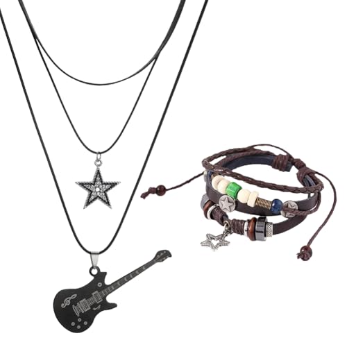 Image of CALFOVERA 2PCS Y2K Jewelry Set Cowhide Star Guitar Necklace Fairy Grunge Dangle Earrings Funky Rock Roll Music Lover Personalized Concert Outfits Party Accessories for Women