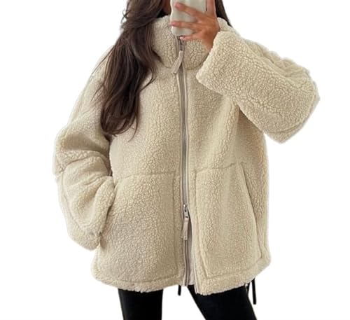 XZEIT Chaqueta holgada de lana de cordero for mujer, abrigo con cremallera de manga larga y cuello levantado, prendas de vestir exteriores cálidas for invierno for mujer (Color : Beige, Size : S)
