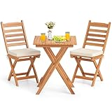 KOTEK Outdoor Folding Bistro Set, 3 Pieces Acacia Wood Bistro Set with Soft Cushions, Patio Bistro Table and Chairs for Backyard, Porch, Poolside (Horizontal Slats)