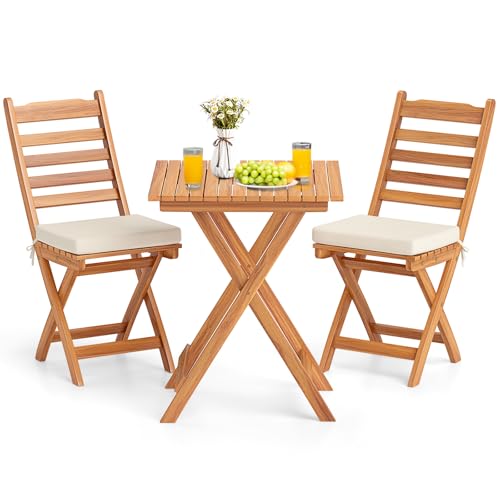 KOTEK Outdoor Folding Bistro Set, 3 Pieces Acacia Wood Bistro Set with Soft Cushions, Patio Bistro Table and Chairs for Backyard, Porch, Poolside (Horizontal Slats)