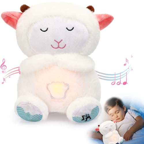 HyDren Breathing Stuffed Animal 9 inch Calming Soothers for Sleep Heartbeat Plush for Anxiety with Music Lights and Rhythmic Breathing Motion Anxiety Relief Portable Plush Sound Machine(Sheep)