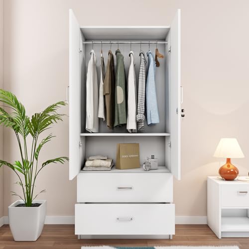 Image of VIKI Wardrobe | Albarracin Wardrobe | Wooden Almirah for 2 Door Wardrobe with 2 Drawer & Hanging Space with Mirror (Frosty White - 40D x 80W x 180.8H) | 1 Year Warranty | Free Assembly