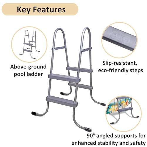 3-Step Steel Bolt-On Pool Ladder Universal Fit Above Ground Swimming Pools - Heavy Duty Non-Slip Entry Steps for Entry and Exit System Swim Pools with Non-Slip Plastic Steps
