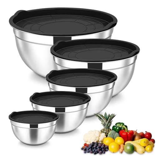 Ausune Mixing Bowls Set of 5, Stainless Steel Metal Salad Bowl with Airtight Lids, Perfect for Baking, Cooking, Prepping Serving, Size 1/1.5/2/2.5/3.5/Qt - Black