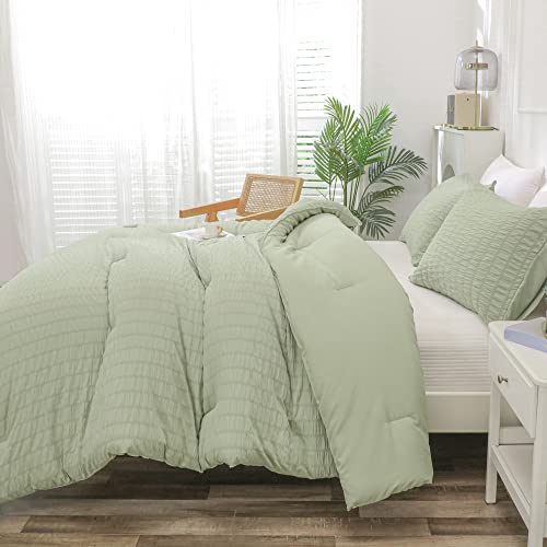 Yozen Sage Green King Seersucker Comforter Set (104X90 Inch), 3 Pieces Textured Comforter With 2 Pillowcases, Soft Lightweight Microfiber Down Alternative Bedding Set For All Season #TOP1