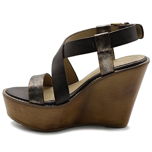 Ollio Women's Vintage Burnish Wedge Cross Strap Sandals #TOP7