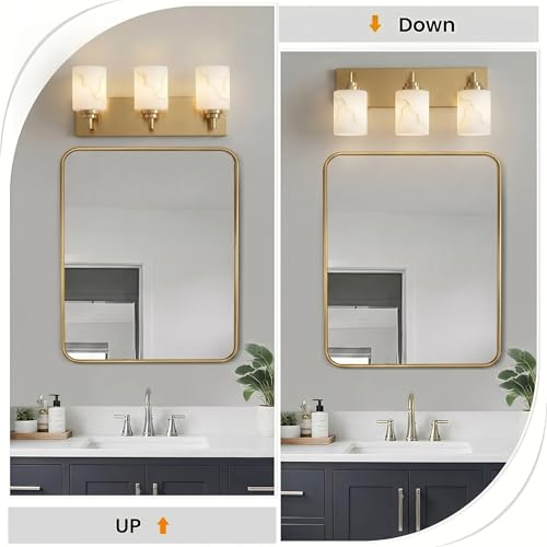 Image of 3-Light Bathroom Light Fixture, Gold Modern Vanity Light with White Marble Glass Shade, for Bathroom Mirror, Living Room, Bedroom, Hallway, E26 Base, Extended Base