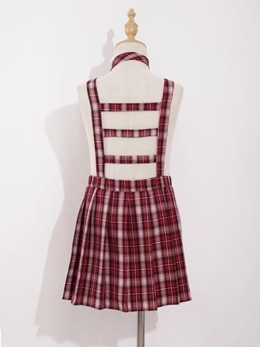 JEATHA Kids Girls School Uniform Jumper Plaid Overalls Dresses Summer Sleeveless Pleated Dress with Tie4