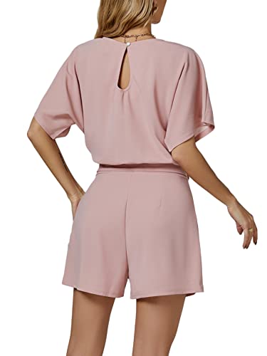Umenlele Women’s Casual Crew Neck Tie Knot Waist Belted Short Sleeve Romper Jumpsuit Playsuit Light Pink Small #TOP1