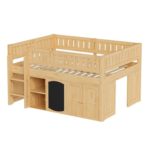 Image of Full Size Loft Bed with Storage Cabinet and Chalkboard Panel, Solid Wood Frame - Space-Saving Design for Kids /Teens Bedroom (Natural-A1)