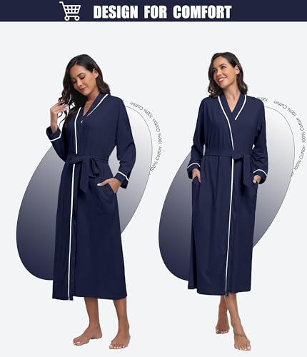 ANLIQI 100% Cotton Robe for Women Long Sleeve Knit Kimono Soft Lightweight Bathrobe Full-Length Housecoat with Pockets3