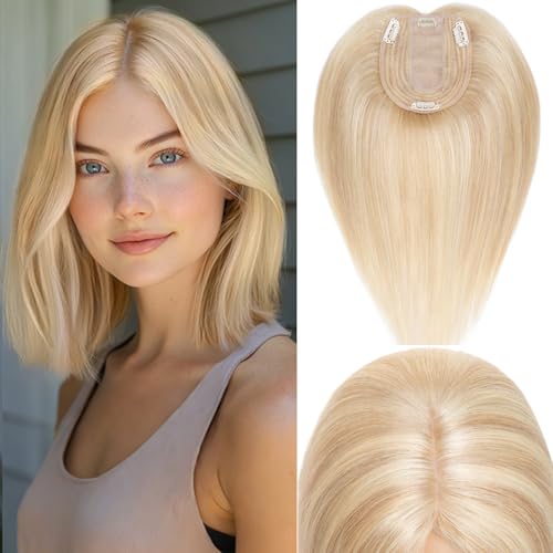 Rich Choices Hair Toppers for Women Real Human Hair 100% Human Remy Toppers NO Bangs with Thinning on Top Clip in Hairpiece 4"x4.7"Lace Base 10 Inch #18P613 Ash Blonde Highlights Bleach Blonde