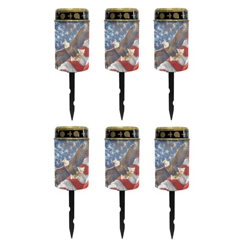 Poceacles Eagle American Flag Pattern Solar Lights Outdoor Waterproof Grave Lights for Cemetery LED Flameless Candle Cemetery Solar Pillar Candles Outdoor Decor, 6 Piece