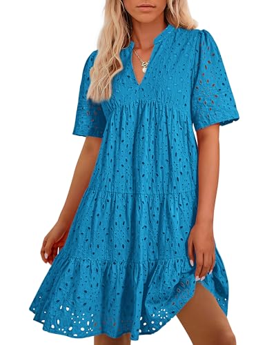 Image of BTFBM Womens Boho Summer Dresses 2026 Spring V Neck Short Sleeve Hollow Out Lace Ruffle Casual Beach Mini Vacation Dress