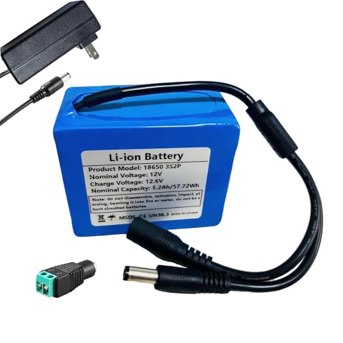 Rechargeable 12V 5200mAh Lithium Battery Pack with Charger - DC5521 Connector for DIY Projects, Router, LED Strips, CCTV Cameras, Telescope