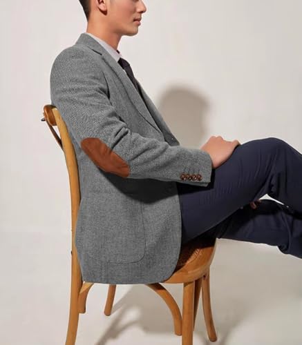 Mens Blazer Vintage Herringbone Tweed Jackets Two Button Sport Coat with Pocket Square with Elbow Patches2