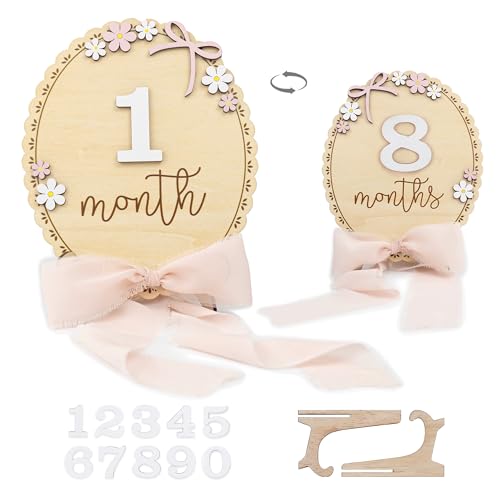 Image of Baby Monthly Milestone Wooden Sign with Numbers and Stand – Natural Wood Milestone Board for Newborn Monthly Growth Photos – Cute 3D Flowers Photo Prop for Baby Milestone Memories (Light Pink Ribbon)