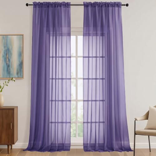 Image of Sheer Purple Curtains 108 Inches Long 2 Panels Set, 59 Inch Extra Wide Lightweight Airy Purple Sheer Curtain for Living Room Bedroom, Filmy Voile Rod Pocket, 59Wx108L Inches