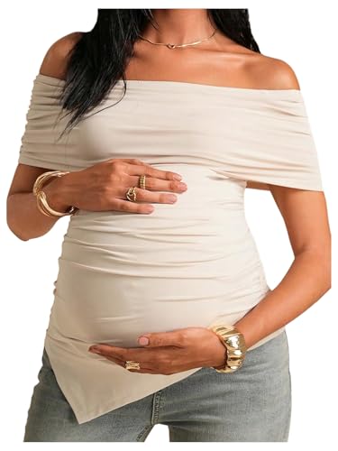 Image of GORGLITTER Women's Maternity Off The Shoulder Tops Short Sleeve Ruched Asymmetrical T Shirts Pregnancy Summer Top Apricot Large
