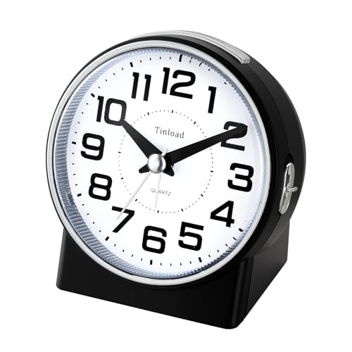 Image of Tinload 4.3 inch No Ticking Analog Alarm Clock,Silent Readable for Seniors,Easy to Set,Gradual Rise Alarm,Big Numbers,On /Off Switch on Side,Gentle Wake,Snooze,Lighted on Demand,Battery Operated,Black