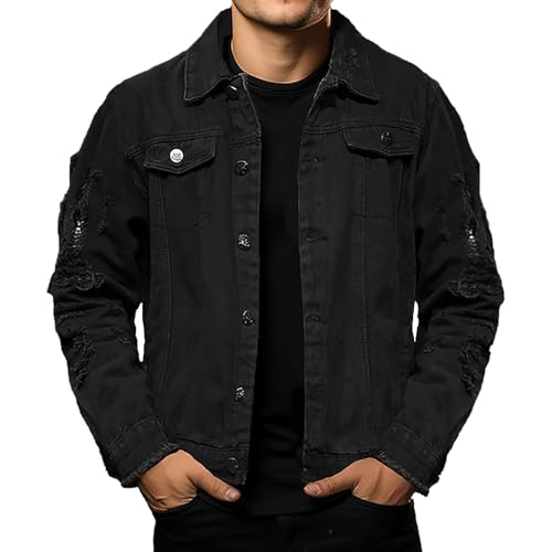 Men Casual Distressed Jacket Classic Fit Trucker Style Denim