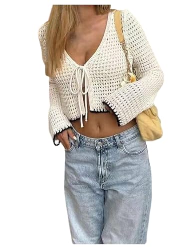 GORGLITTER Women's Tie Front Cropped Cardigan Sweaters Crochet Long Sleeve Dressy Festival Knit Top Short Cardigan