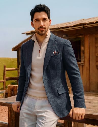 Men's Irish Tweed Wool Blend Blazer Peak Lapel Business Herringbone Tweed Sport Coat Wedding Dark Blue Herringbone L