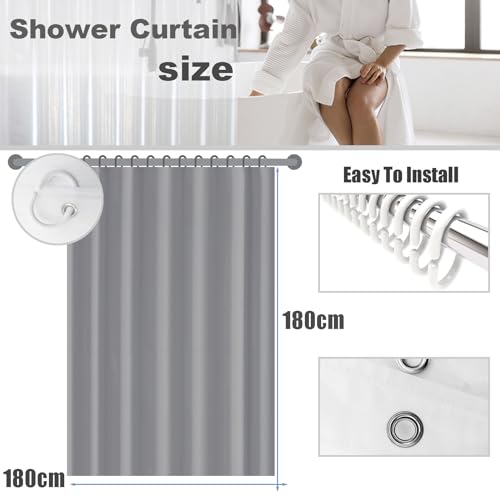 ECO Shower Curtain 180x180cm, Spliced Grey PEVA Waterproof Heavy Duty With 3 Magnets, 12 Plastic Hooks - Image 2