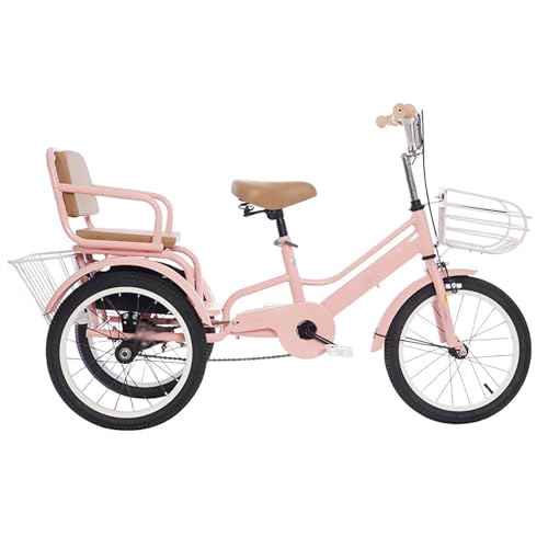 Pink,18",Dual Seat Children's Tricycle with Passenger Seat and Storage Basket – Heavy-Duty Carbon Steel Frame, Adjustable Height Anti-Slip Pedals and Handles, Front Brake System