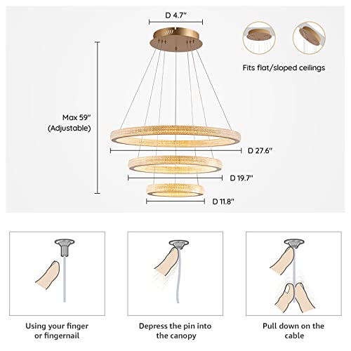 Crossio Modern Ring Chandelier Gold Ring Chandelier Light Fixture Gold Pendant Light 3 Ring Chandelier With Adjustable Height Color Changing Chandelier For Dining Room Living Room Bedroom (M) #TOP5