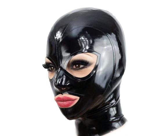 KLVEU Black Latex Hood Mask Full Face Riding Hood for Party Cosplay Latex Mask for Halloween Christmas Party(M)