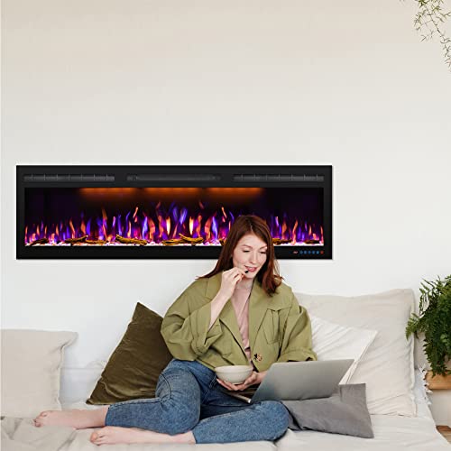 Mystflame 60 Inch Electric Fireplace, Recessed And Wall Mounted Slim Electric Fireplace, 750/1500 Watt Heater Fireplace, Log & Crystal Hearth, Adjustable Realistic Flame, Remote Control & Touch Screen #TOP5