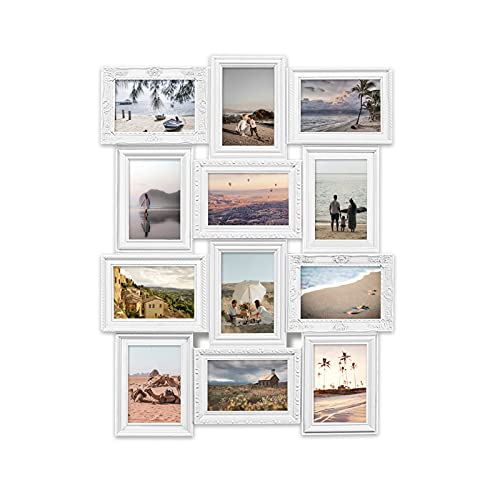 J.M.Deco Picture Frame Collage For Wall, 12 Opening Picture Frames Collage, 6 x 4 Picture Frame with Family Friend's Memory, Rustic Distressed Photo Frame Wall Hanging for 4x6, White