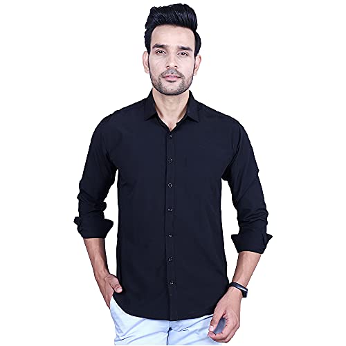 Image of Men's Cotton Solid Slim Fit Casual Spread Collar Shirt