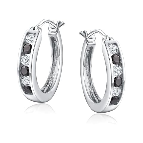 AGRULE Moissanite Hoop Earrings Women's 14K White Gold Plated Sterling Silver 19mm Huggie Hoops 0.6 Ct VVS Black Diamond Hoop Earrings for Women Cover