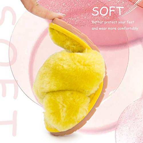 Girl's Fluffy Slippers Kids' Fuzzy Slippers Slide Sandals Leopard Tie Dye Cross Band Plush Open Toe Slip On House Bedroom Slippers (9-10 Toddler, Yellow, Numeric_9) #TOP2