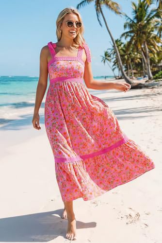 Image of Opemiby Womens Maxi Dress Spring Summer Sleeveless Lace Strap Empire Waist A Line Side Pockets Beach Casual Long Dresses