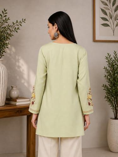 Image of QAZMI Women's Jasmine Kashimiri Aari Embroidered Viscose Rayon A-Line Flared Short Kurti