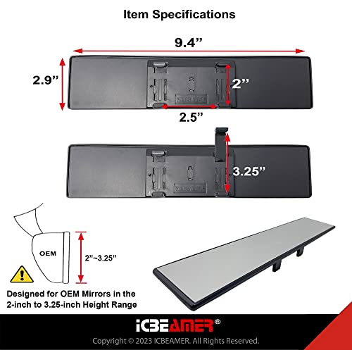 Icbeamer 9.4" Car Rear View Mirror, Hd Clear Tint, Panoramic Wide Angle Flat Surface, 2 Interior Retractable Rubber Clips, Anti Glare, Automotive Accessories Universal For Truck, Car, Suv, 1 Pack #TOP4