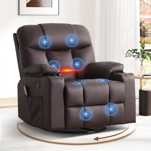 ANJ Swivel Rocker Recliner Chair with Massage & Heat, Brown
