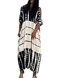 Chunoy Women Cold Shoulder Loose Turkish Beach Cover Up Bikini Caftan Over Size Kaftan Maxi Dress Black White