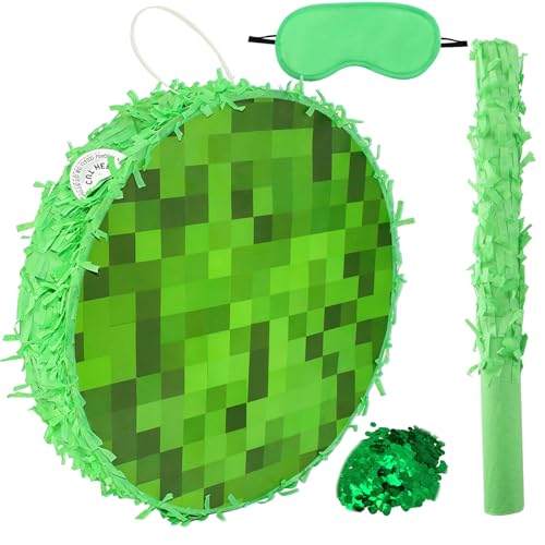 Mini Round Green Pixel Pinata with Stick Blindfold,Birthday Pixel Pinata,Solid Color Circle Party Decoration for Pixel Party Birthday Party Halloween Decorations