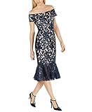 Calvin Klein Women's Off The Shoulder Sheath with Flounce Hem, Indigo/Nude, 6
