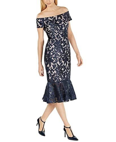 Calvin Klein Women's Off The Shoulder Sheath With Flounce Hem, Indigo/Nude, 2 #TOP27