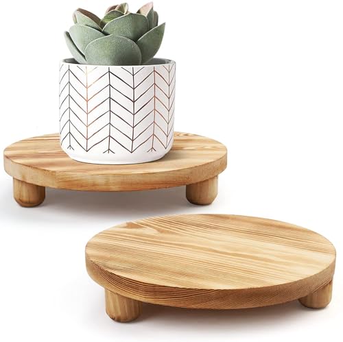 DEAMACE Wood Riser for Decor, 2 Pack Wood Pedestal Stand for Display, Round Wooden Tray for Kitchen Counter, Wooden Pedestal Stand for Plant Pot Indoor
