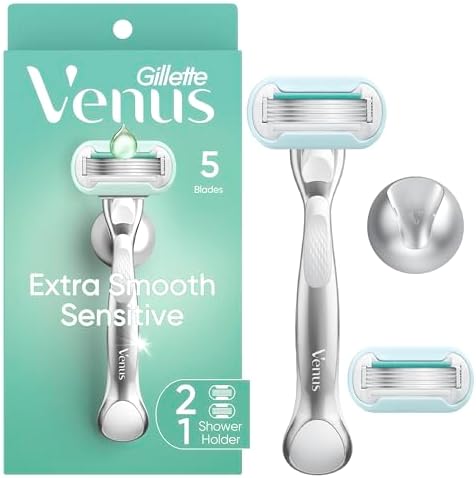 Gillette Venus Extra Smooth Sensitive Razor for Women, Includes 1 Reusable Razor Handle + 2 Refills, for Sensitive Skin with Metal Handle and Shower Holder