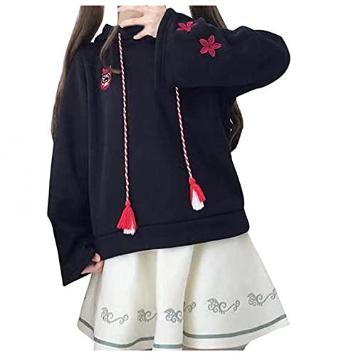 Cute Fox Ear Hoodie for Teen Girls Kawaii Cosplay Anime Hooded Sweatshirt Sakura Pullover Kimono Japanese Sweatshirt