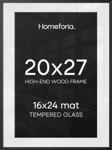 Image of Homeforia 20x27 Picture Frame Black Wood, High End Oak 20x27 Poster Frames with Mat 16x24 Photo, 20 x 27 Wooden Frame Matted to 16 by 24 Print, 27x20 Hanging Frames, Tempered Glass, Wall Kit, Set of 2